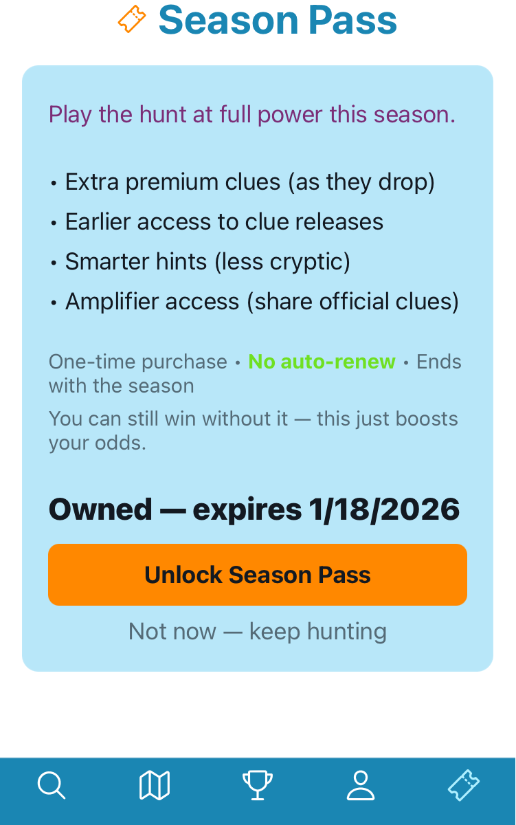 Season Pass screen with perks and purchase button