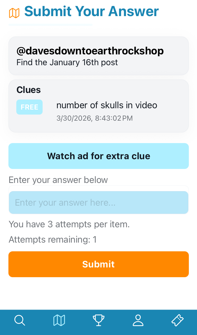 Submit your answer screen with clue details and answer field